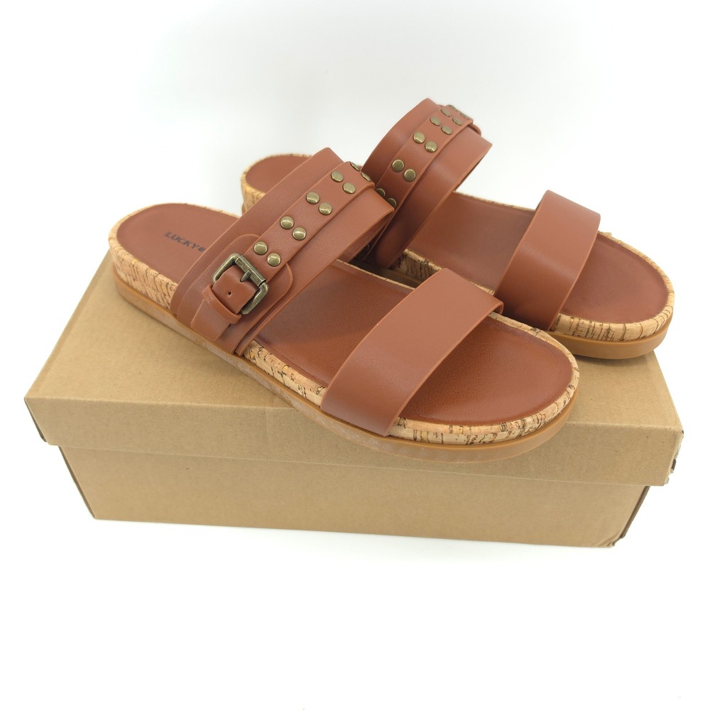 Lucky Brand Womens Dineesa Leather‎ Brown Slide Sandals 9 Studded Cork Sole
